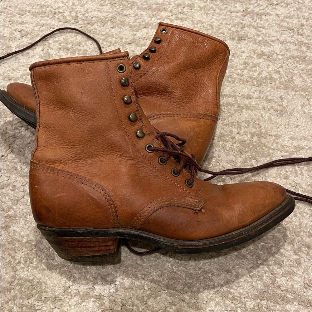 Vibram Cognac Leather Lace-Up Moto Combat Boots